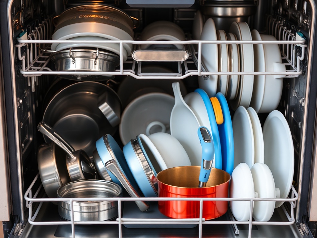 크기가 다양한 냄비와 프라이팬, 접시들이 식기세척기 내부 바스켓에 효율적으로 수납된 모습